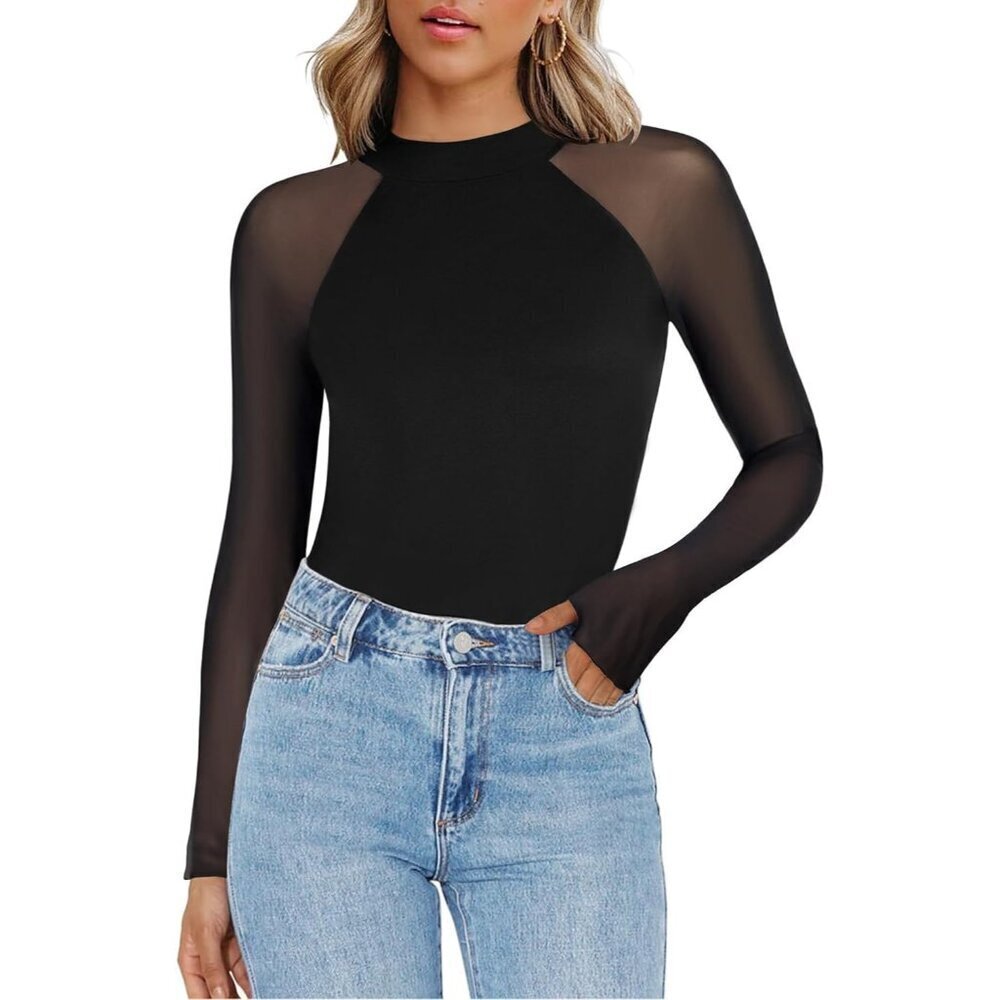 Women's Floral Mesh Long Sleeve Shirt Sheer Mock Neck Fitted Blouse